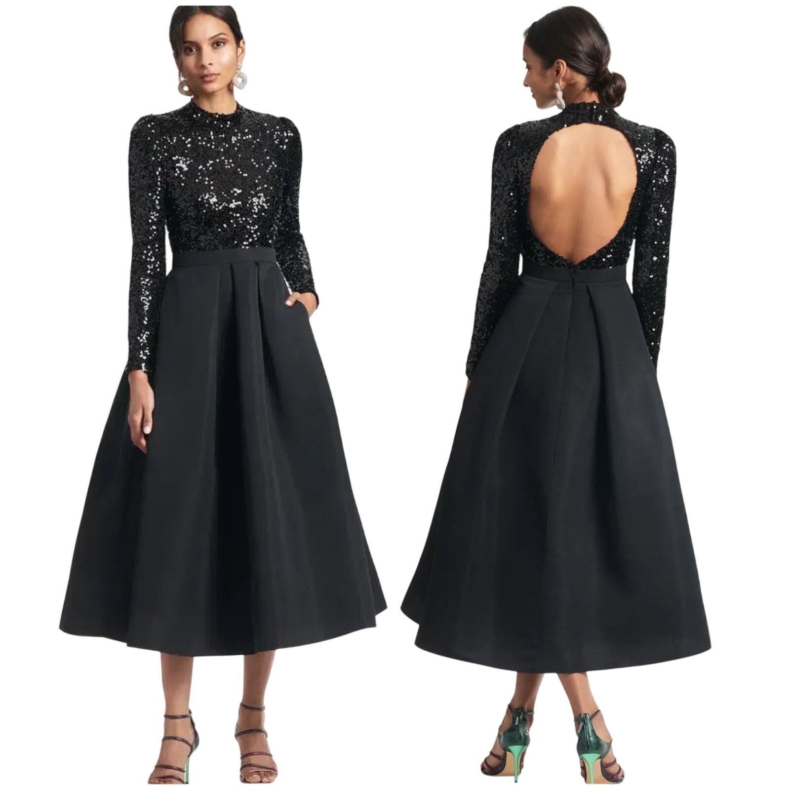 Sachin & Babi Nwt Amity Fit & Flare Sequin Midi-Dress Black Open Back Size 10